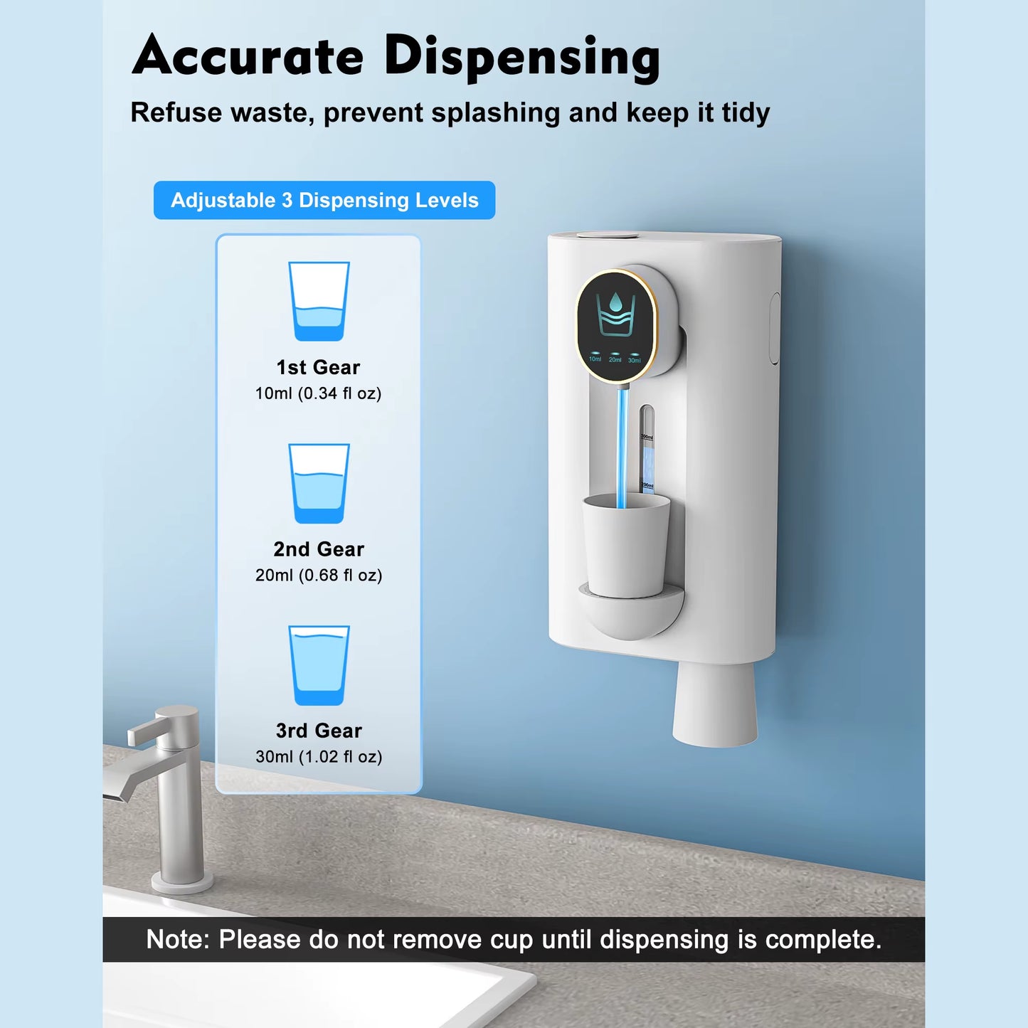 Bathroom Automatic Mouthwash Dispenser Wall Mount Mouthwash Dispenser with Magnetic Cup, 3 Dispensers, Smart Mouthwash Dispenser